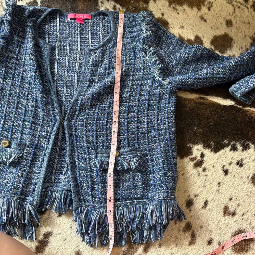 LILLY PULITZER Blue Tweed Fringe Jacket Size Medium - Picture 10 of 10